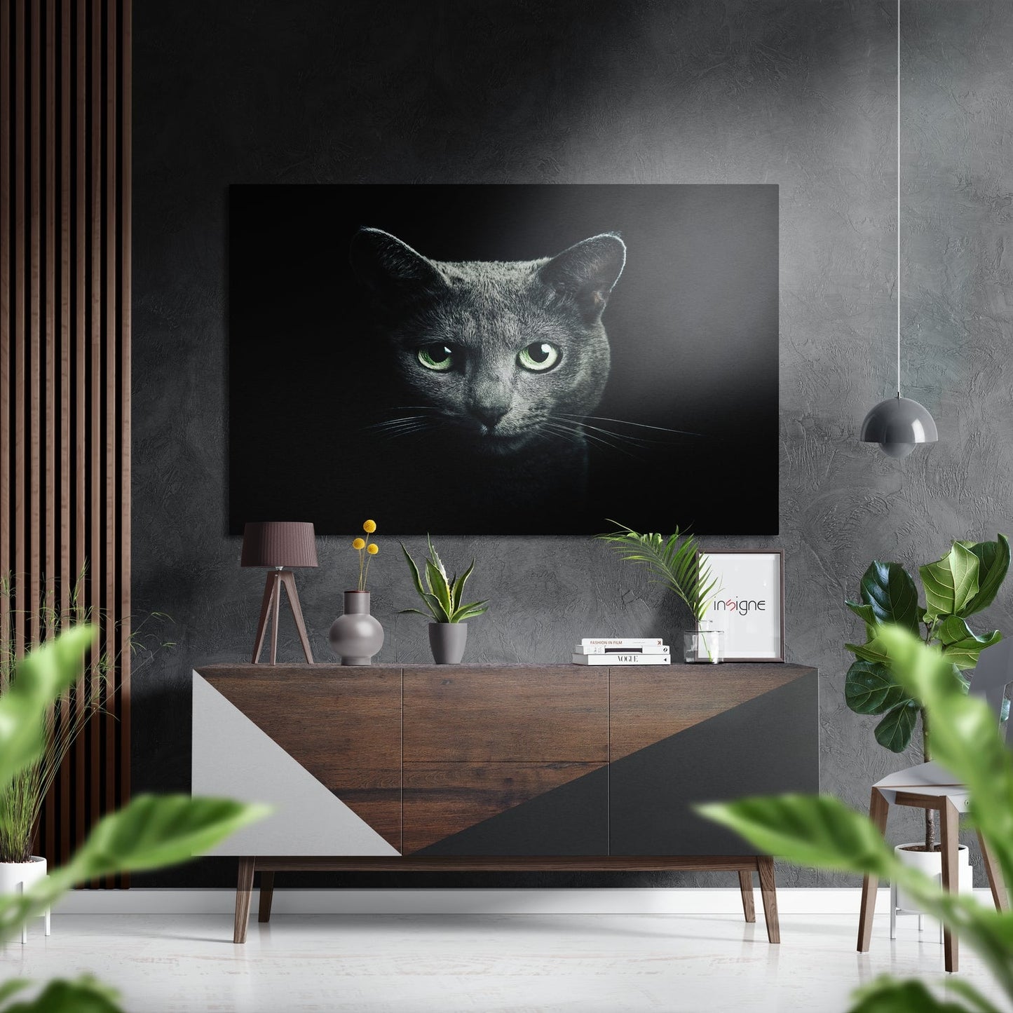 Cat in the Dark brushed aluminum dibond metal wall art, a moody feline silhouette