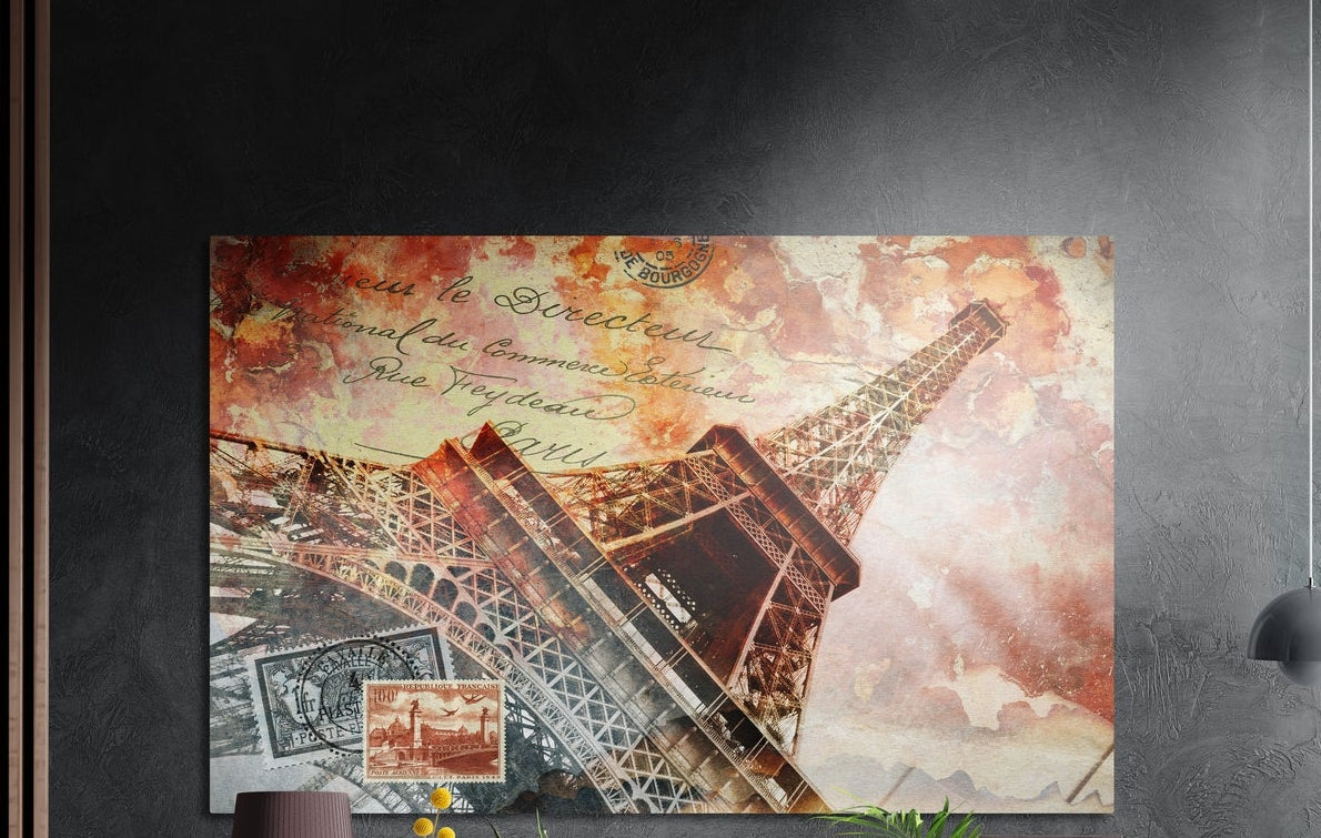 Eiffel Tower vintage postcard collage brushed aluminum wall art on a dark gray concrete wall