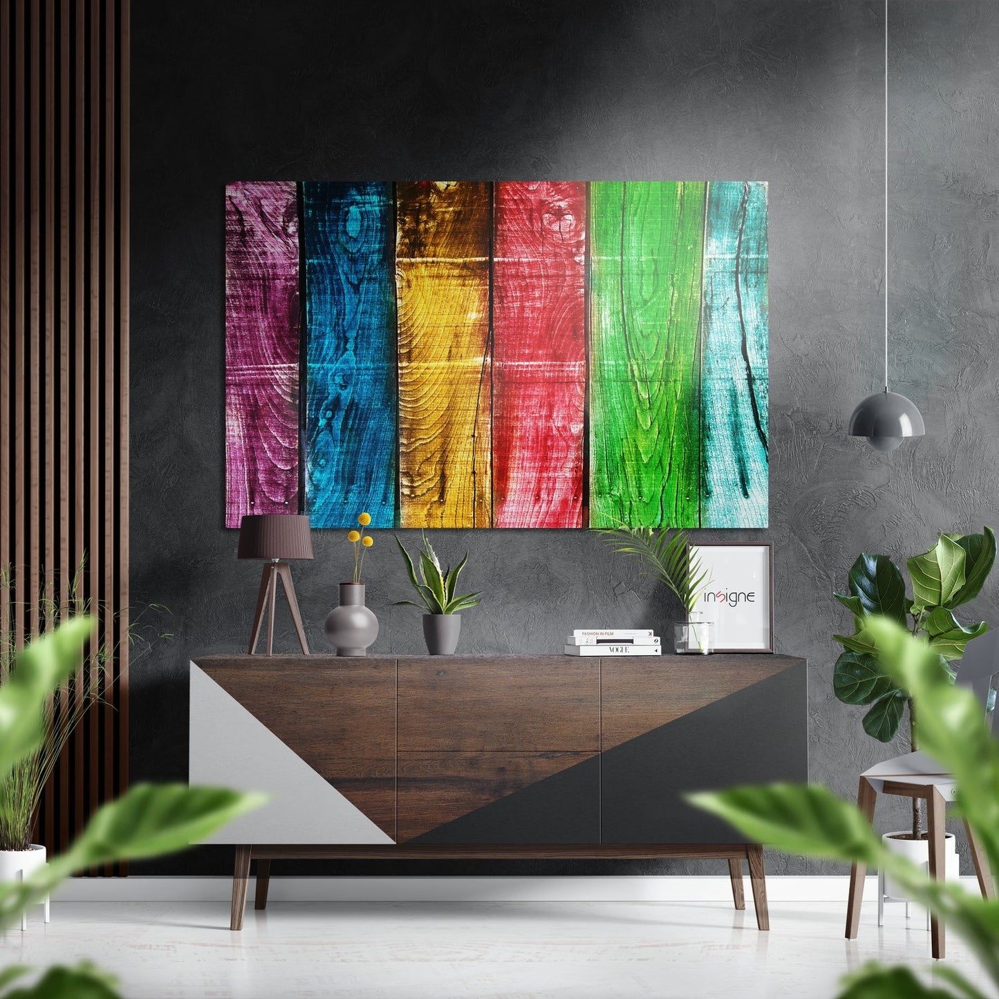 Colorful wood grain metal wall art brushed aluminum