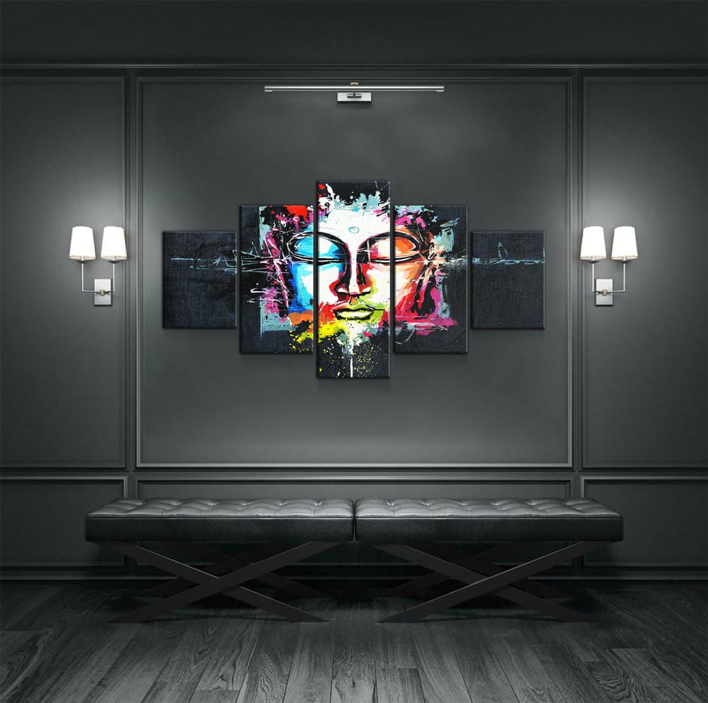 Buddha Mind Abstract five-piece canvas wall art with serene silhouette and soft color washes