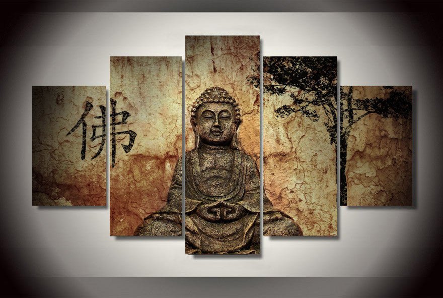 Buddha Mind And Soul five-piece framed canvas wall art with serene silhouette