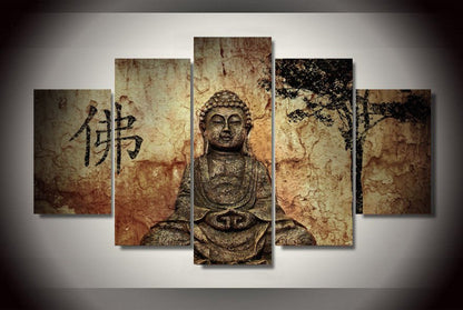 Buddha Mind And Soul five-piece framed canvas wall art with serene silhouette