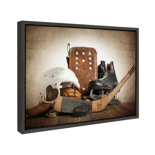 Vintage Hockey Gear Framed Canvas Wall Art