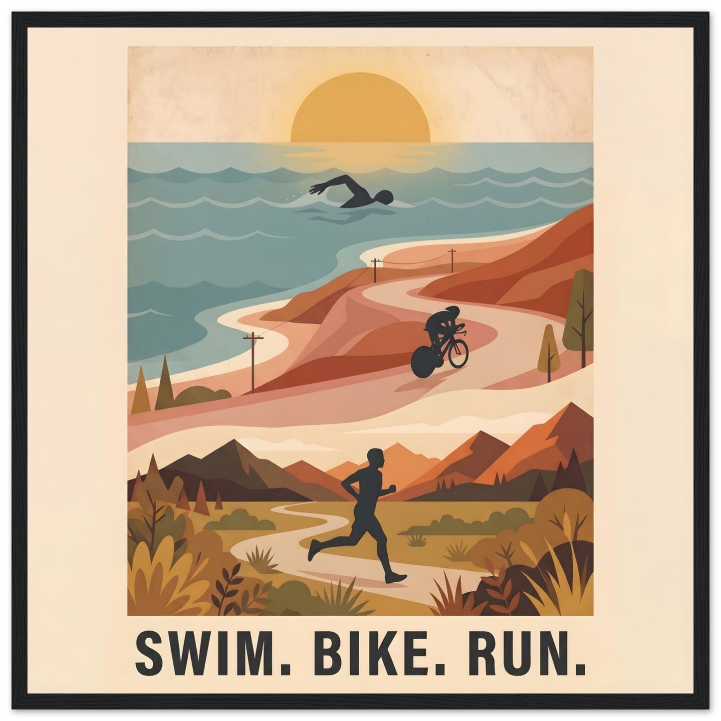 Triathlon Poster: Retro Swim Bike Run Framed Wall Art - 50x50 cm / 20x20″ - Black frame / Ready-to-hang - Sparkycare