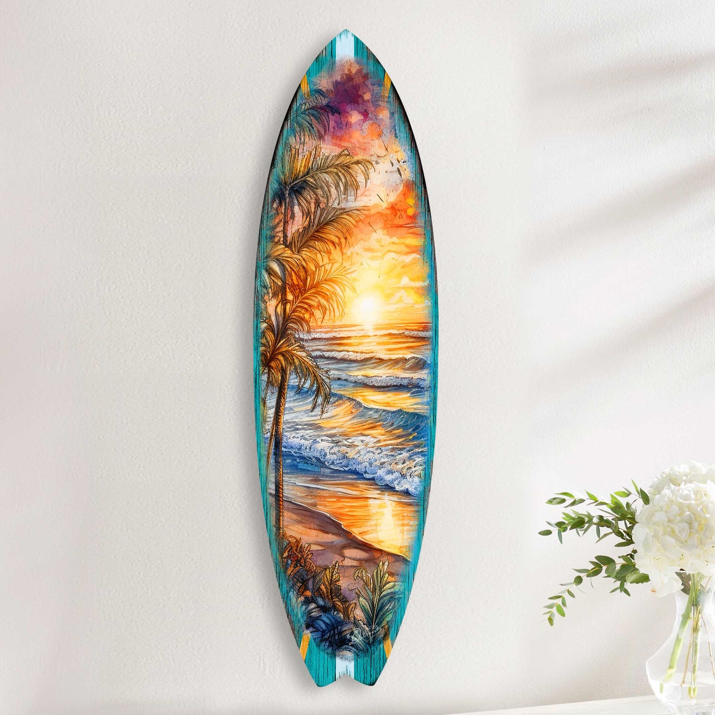 Golden Waves Surfboard Wood Wall Art, Coastal Decor