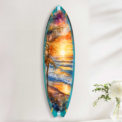Golden Waves Surfboard Wood Wall Art, Coastal Decor
