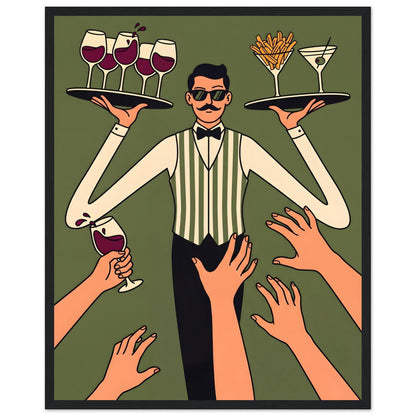 Retro Waiter Bar Art, Framed Server Wall Decor - 40x50 cm / 16x20″ - Black frame / Ready-to-hang - Sparkycare