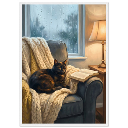 Cozy Cat Reading Poster - The Finishing Touch Your Reading Nook Needs - A2 (42 x 59.4 cm) - White frame / Ready-to-hang - Sparkycare