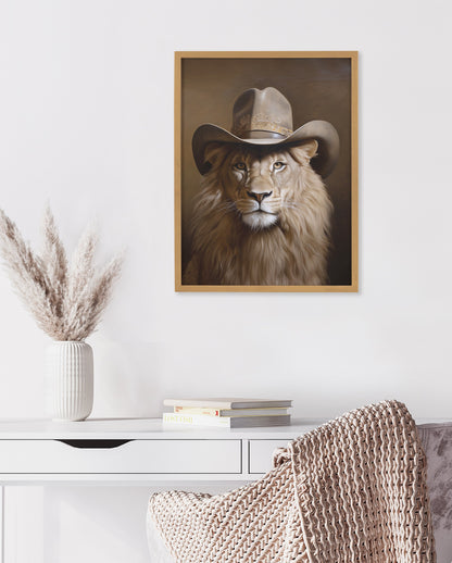 Lion Wearing a Western Cowboy Hat Framed Wall Art Print