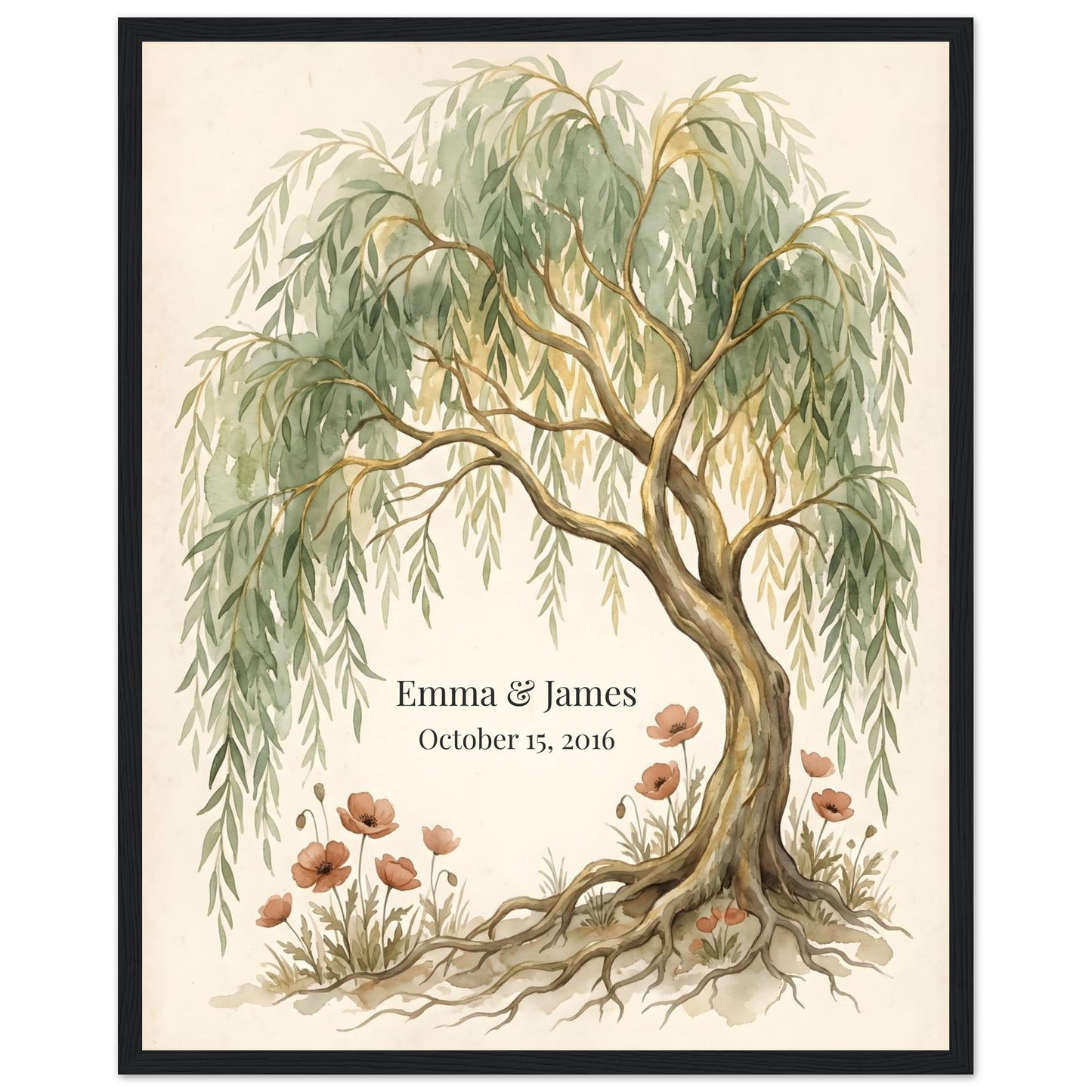 Personalized Willow Tree 9th Anniversary Wall Art - 40x50 cm / 16x20″ - Black frame / Ready-to-hang - Sparkycare
