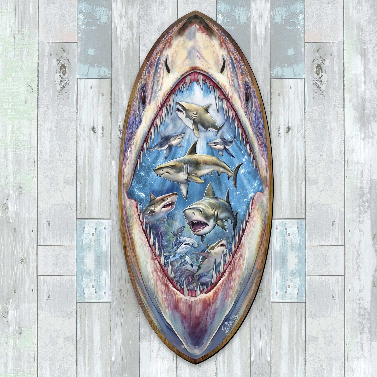Shark Surfboard Wood Wall Art - Coastal Ocean Decor