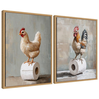 Chicken and rooster bathroom 2 piece framed canvas art set