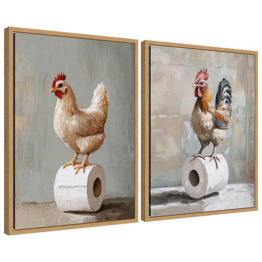 Chicken and rooster bathroom 2 piece framed canvas art set