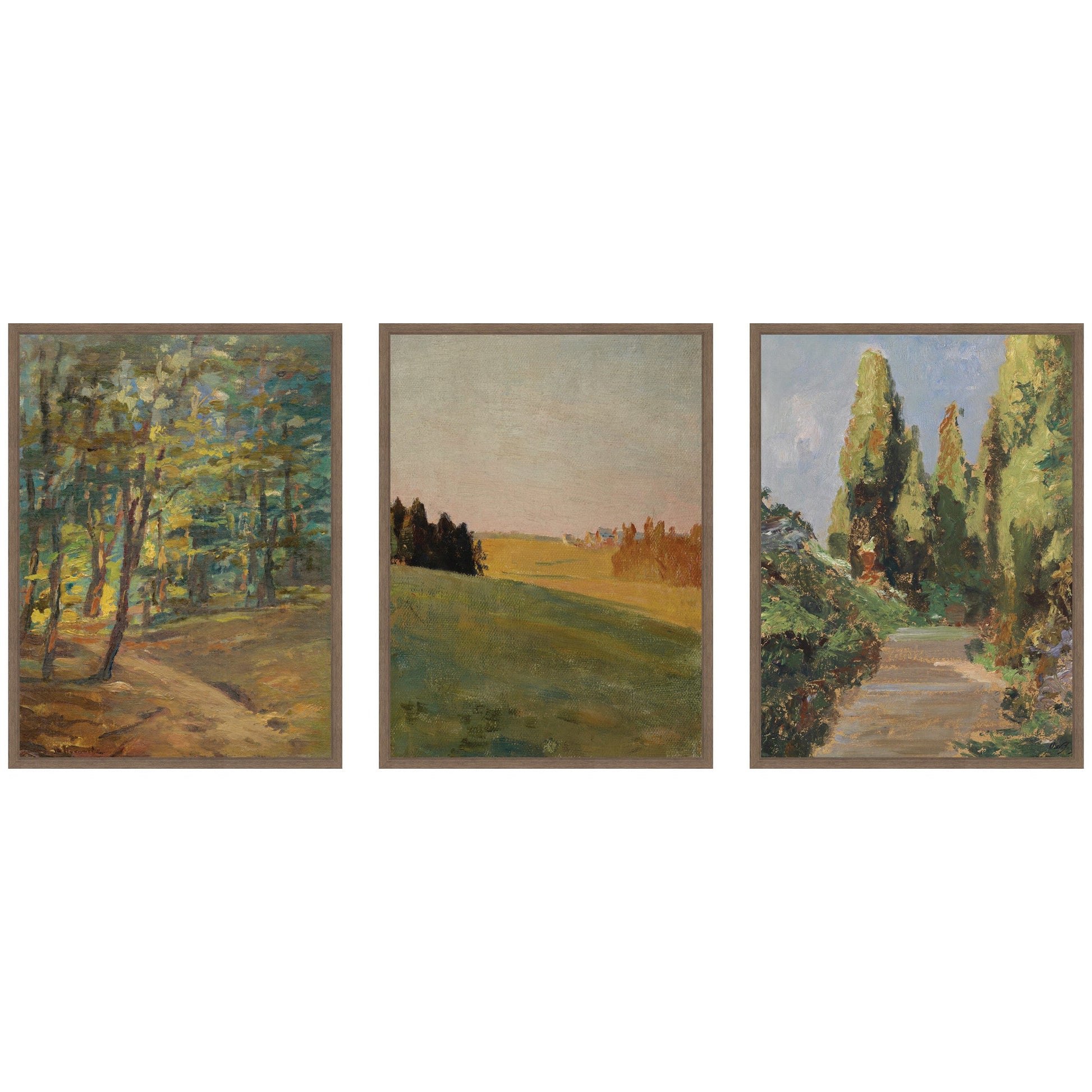 Forest Interior three-piece framed canvas wall art set with vintage woodland scenes
