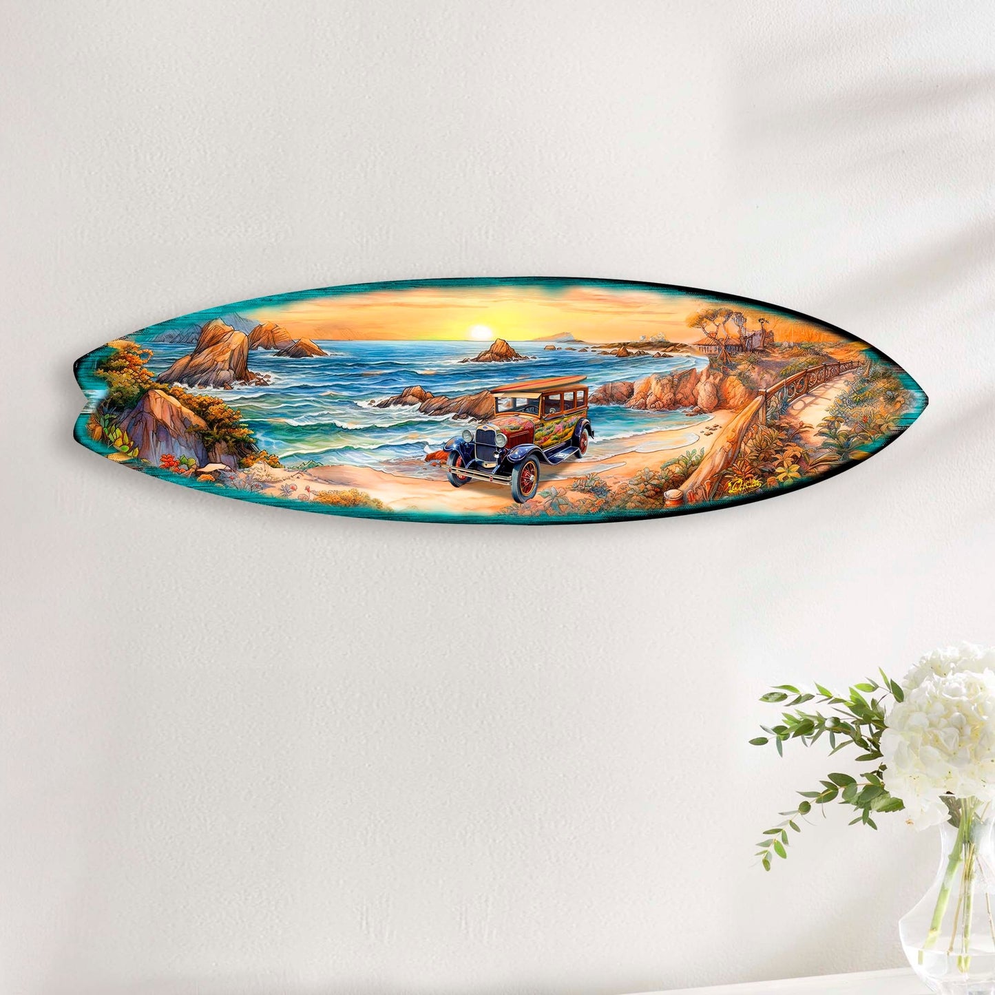 Beach Sunrise Surfboard Wood Wall Art - Coastal Decor