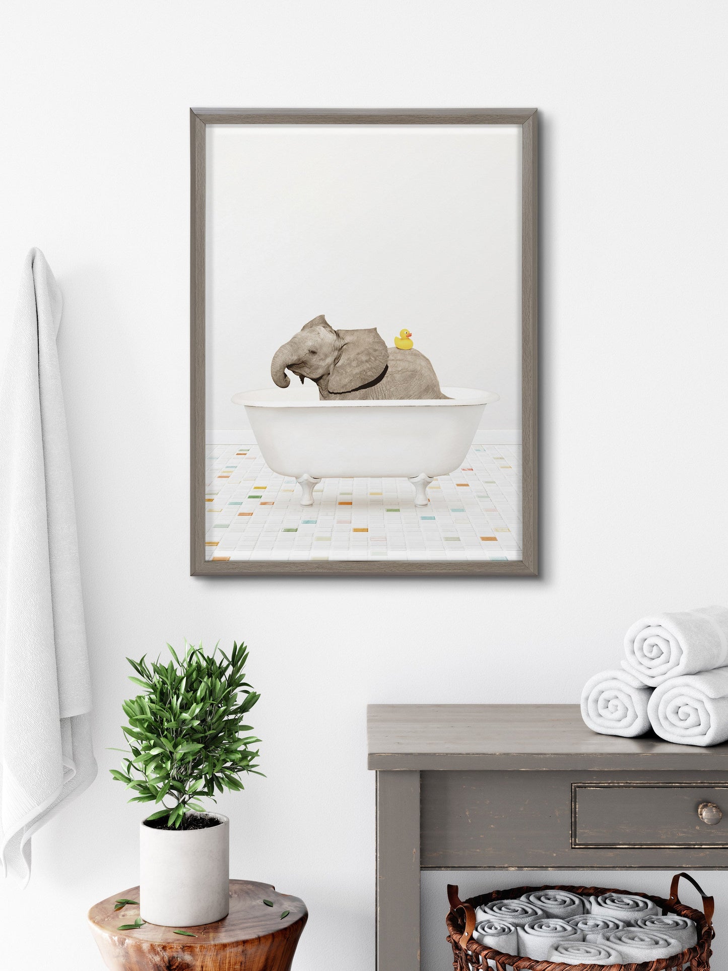 Baby Elephant Bath Time with Rubber Ducky Framed Glass Wall Art