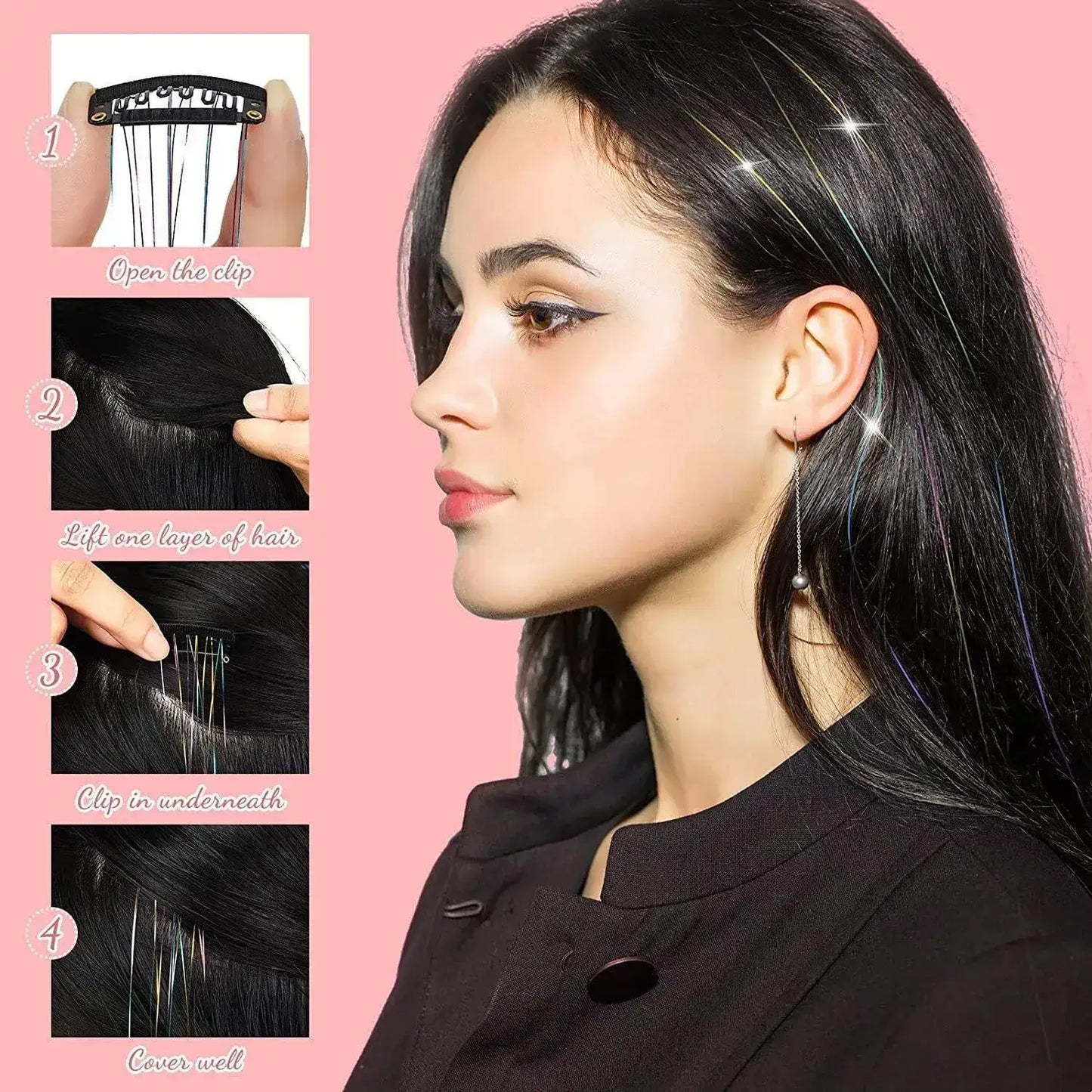 Woman with hair extensions tinsel and step-by-step instructions on a pink background
