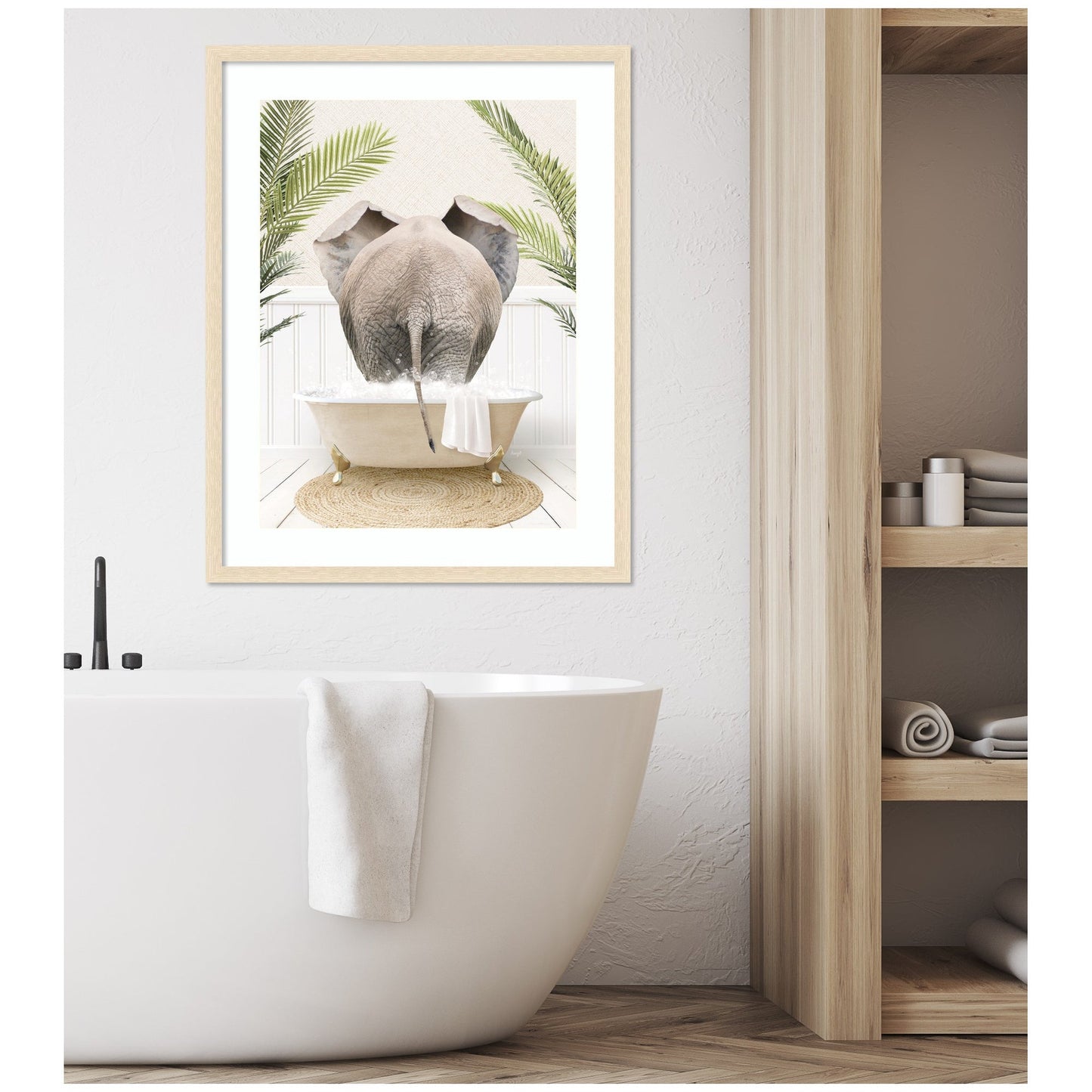 Elephant Back in Palm Bathtub Framed Wall Art Print