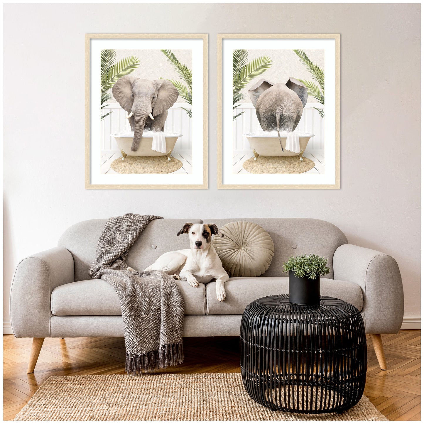 Elephant in Palm Bathtub 2 Piece Framed Wall Art Set