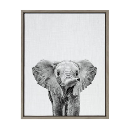 Baby elephant black and white framed canvas wall art for a nursery