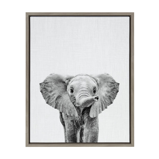 Baby elephant black and white framed canvas wall art for a nursery