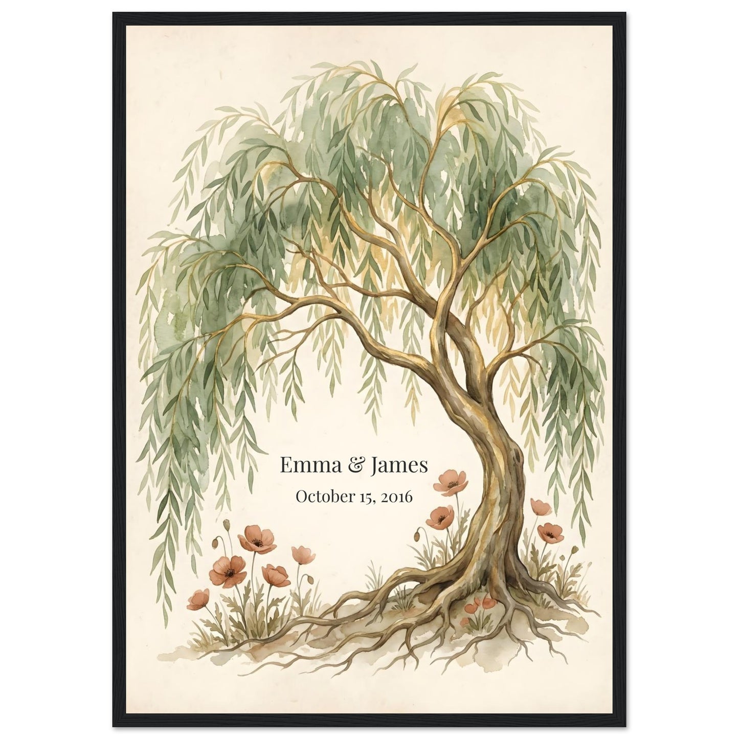 Personalized Willow Tree 9th Anniversary Wall Art - A2 (42 x 59.4 cm) - Black frame / Ready-to-hang - Sparkycare