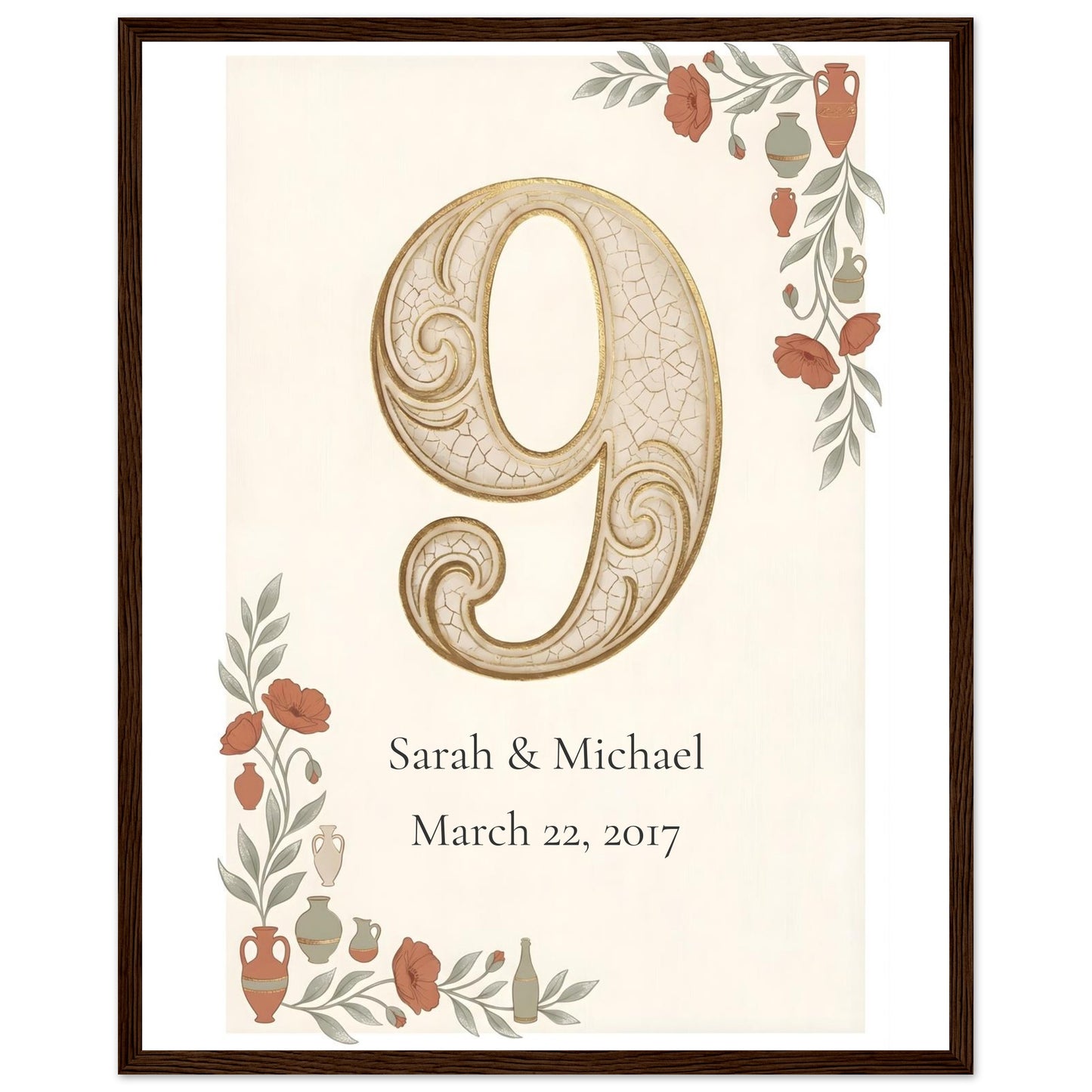 Personalized 9th Anniversary Wall Art - 40x50 cm / 16x20″ - Dark wood frame / Ready-to-hang - Sparkycare