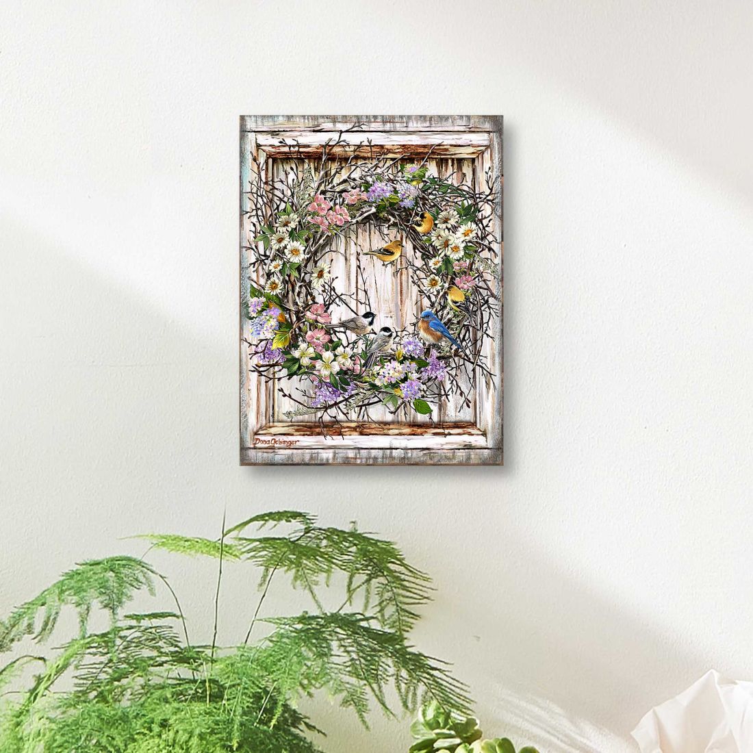 Spring Wreath with Birds Wood Wall Art - Floral Decor