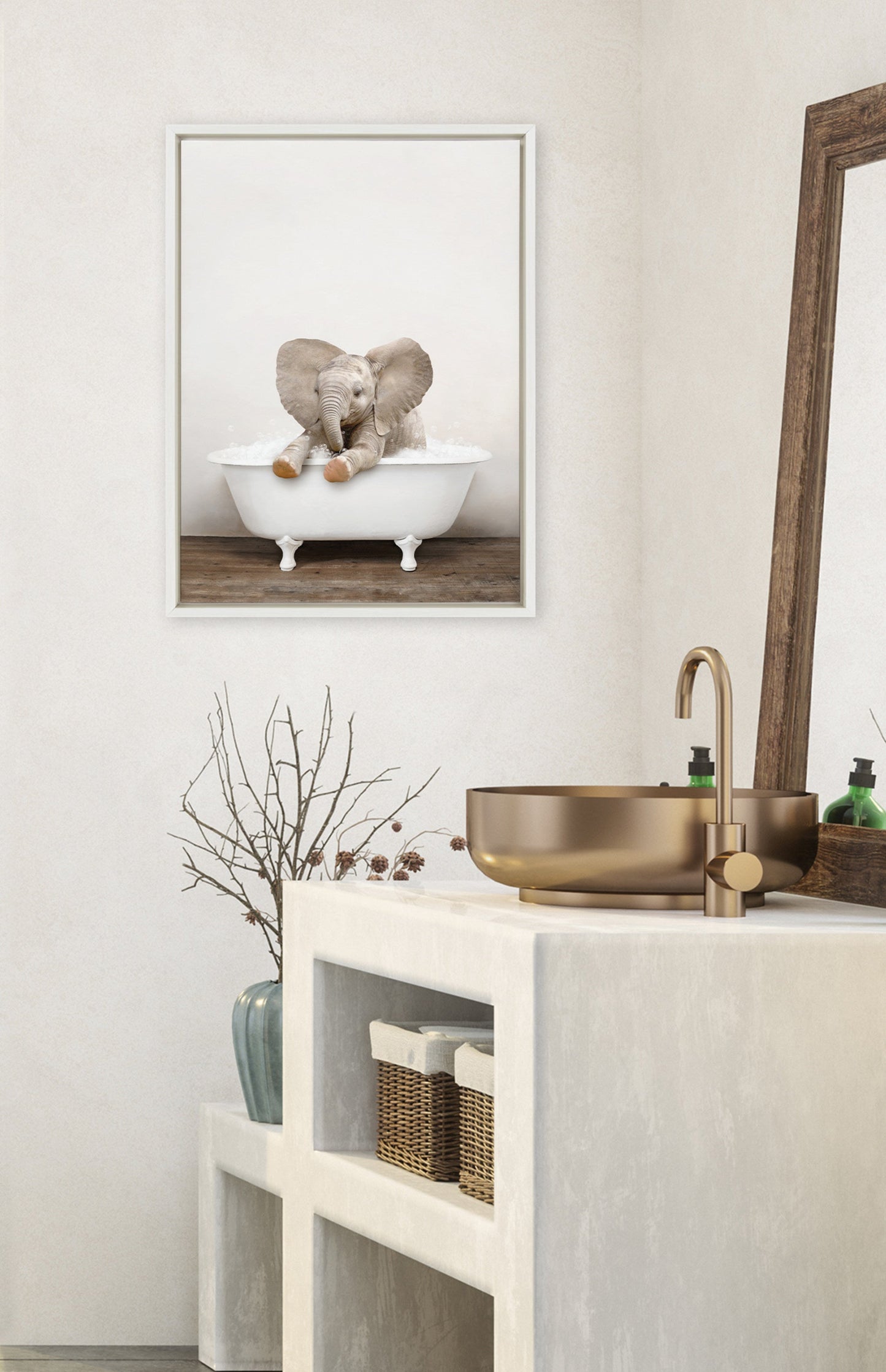 Baby Elephant in Rustic Bath Framed Canvas Wall Art