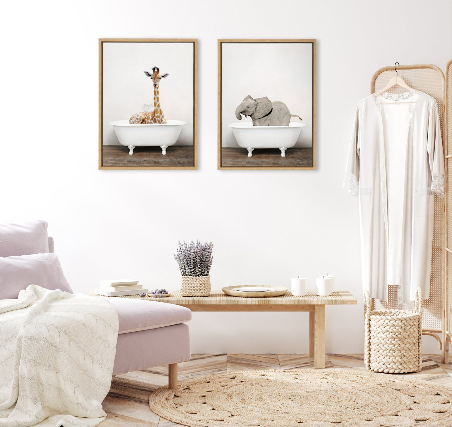 Baby Elephant in the Tub Framed Canvas Wall Art