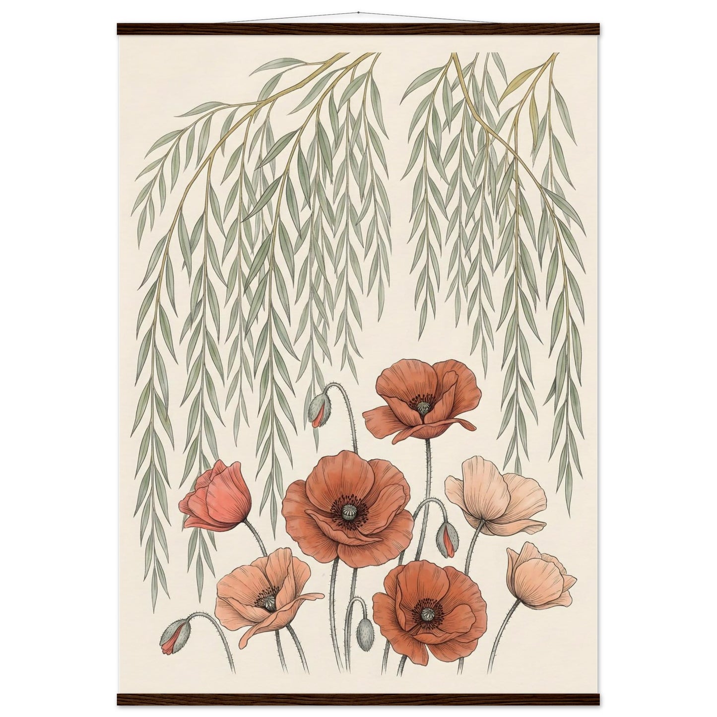 Willow Tree and Poppy Botanical 9th Anniversary Wall Art - A0 (84.1 x 118.9 cm) / Museum-Quality Matte Paper Poster with Hanger - Dark wood wall hanger - Sparkycare