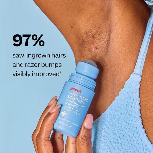 Person holding a blue bottle labeled 'Peach' with text about ingrown hairs and razor bumps improvement on a light blue background.