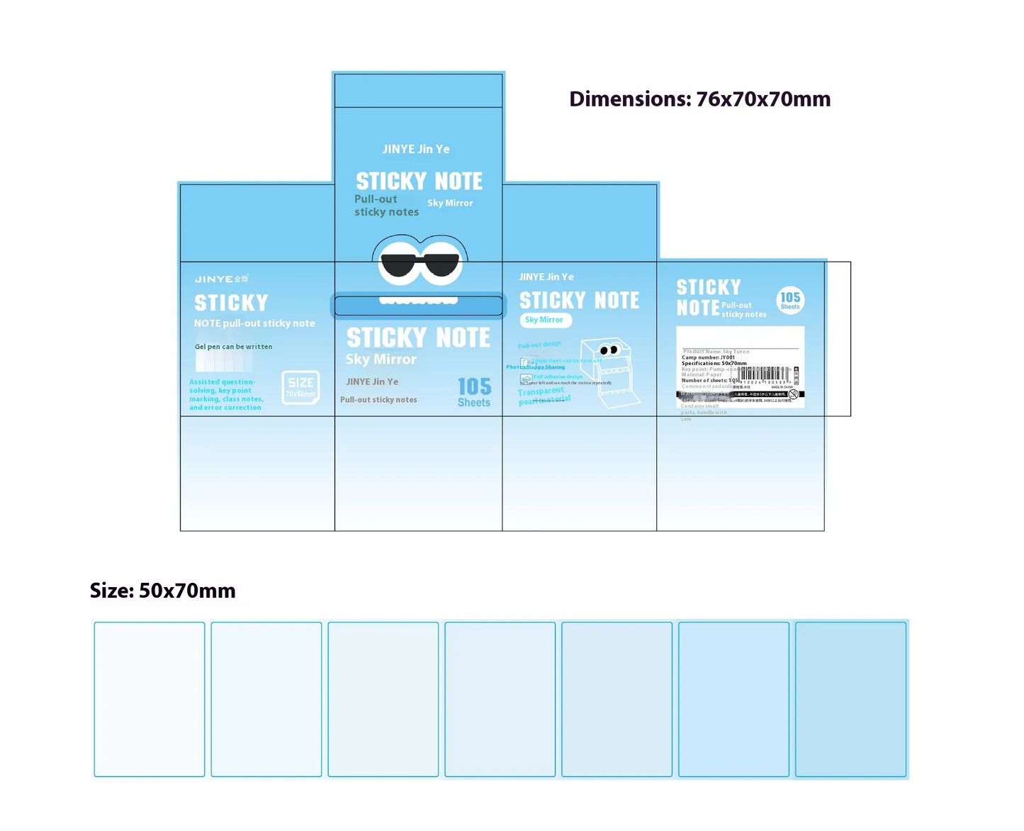 Blue ombre sticky note dispenser box with cute character face on white desk