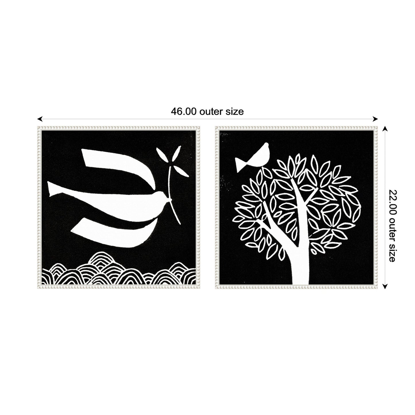 Black and White Linocut Birds Framed Canvas Art Set