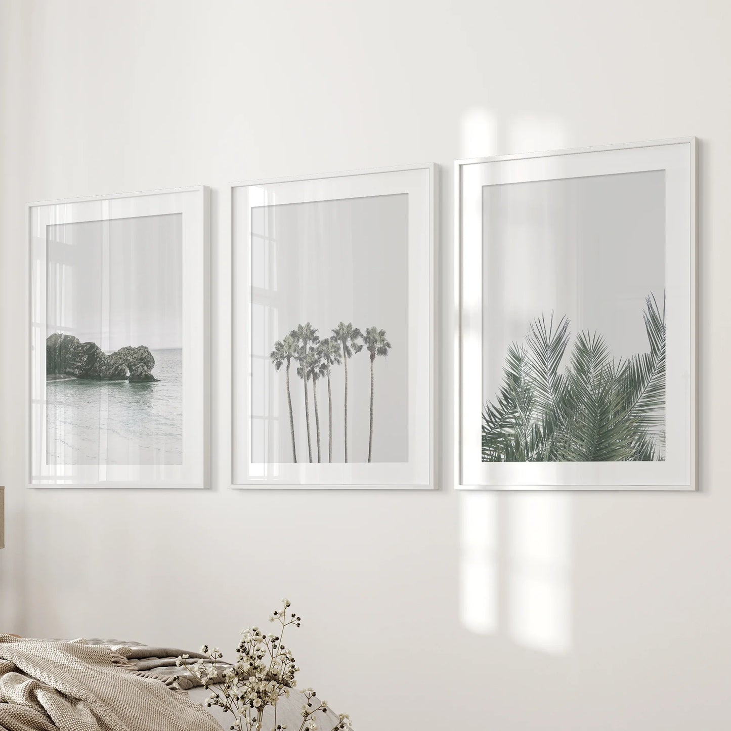 Modern Coastal Wall Art Set of 3 Ocean and Palm Prints