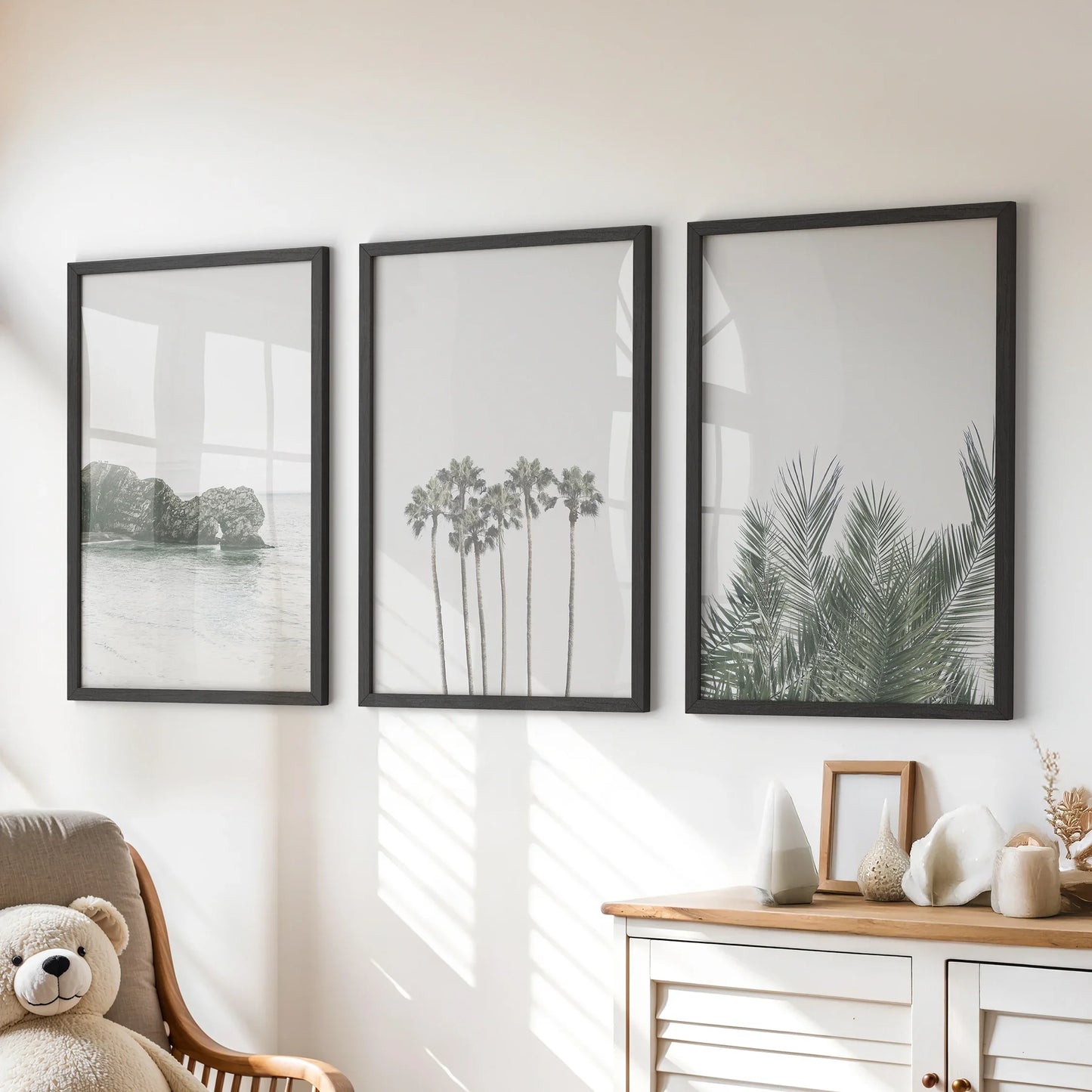 Modern Coastal Wall Art Set of 3 Ocean and Palm Prints