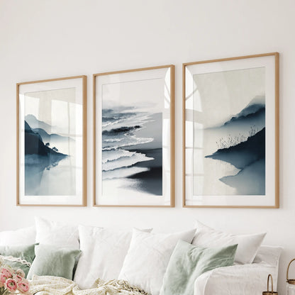 Minimalist Mountain Lake Landscape Wall Art Set of 3