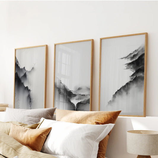 Mountain Landscape Wall Art Set of 3 Black and White Prints