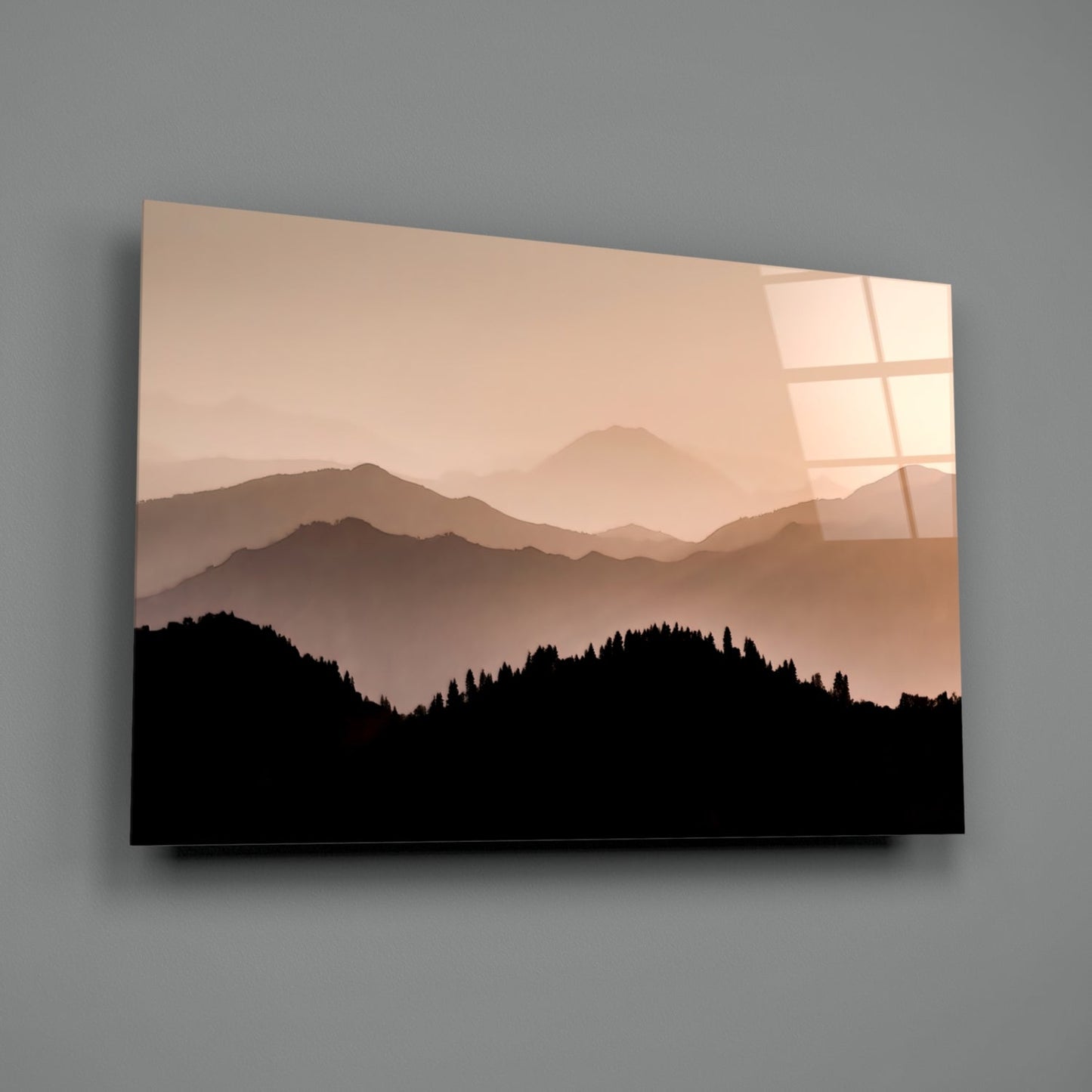 Sepia Layered Ridges Pine Forest Glass Wall Art