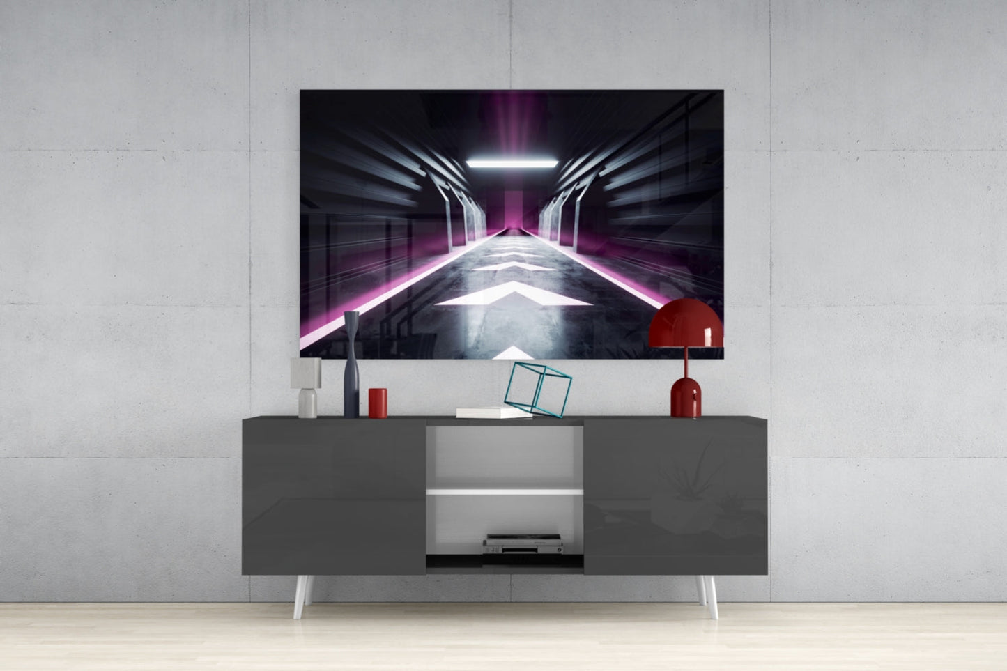 Neon Tunnel Corridor Glass Wall Art