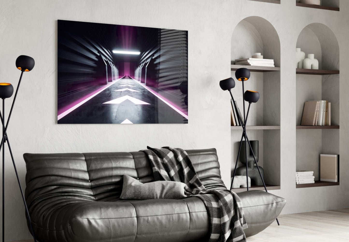 Neon Tunnel Corridor Glass Wall Art