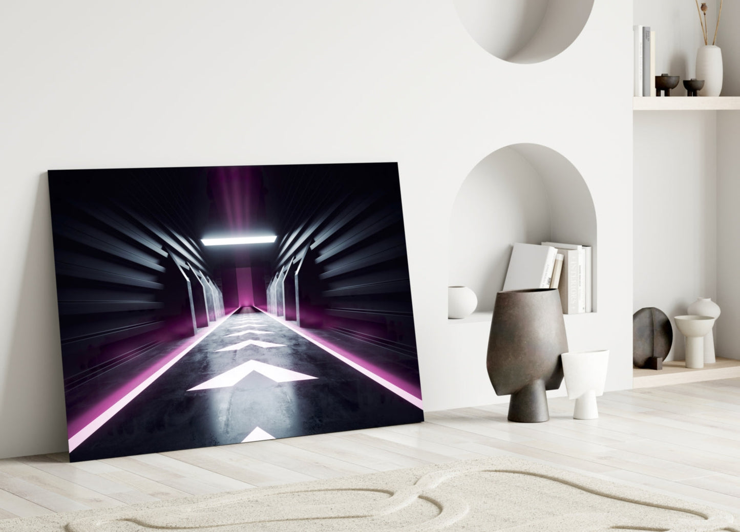 Neon Tunnel Corridor Glass Wall Art