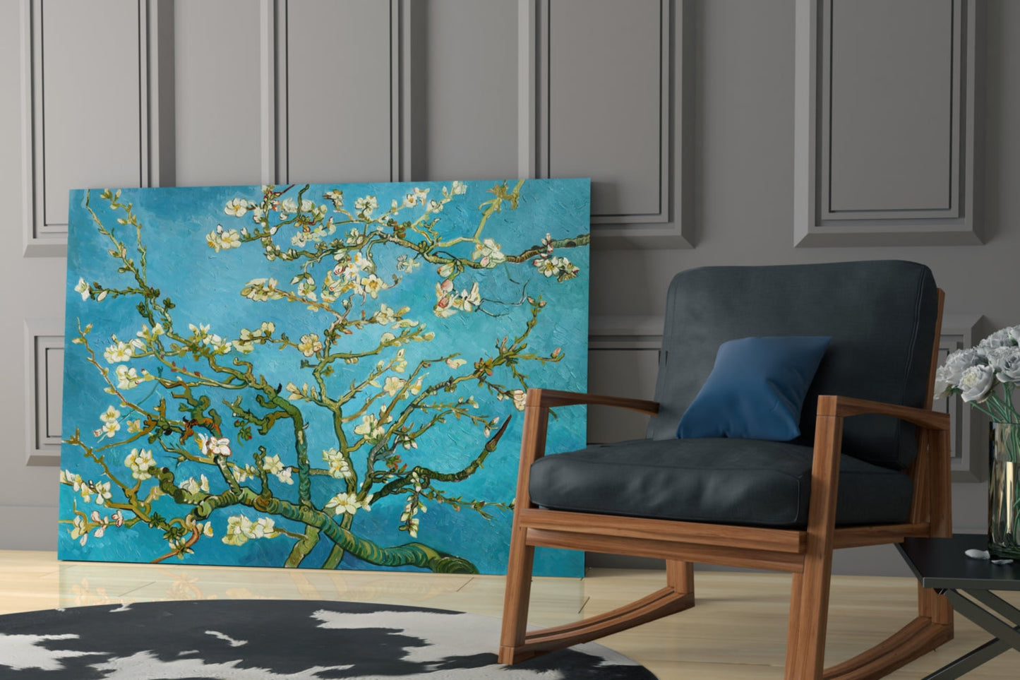 Van Gogh Almond Blossom Turquoise Glass Wall Art