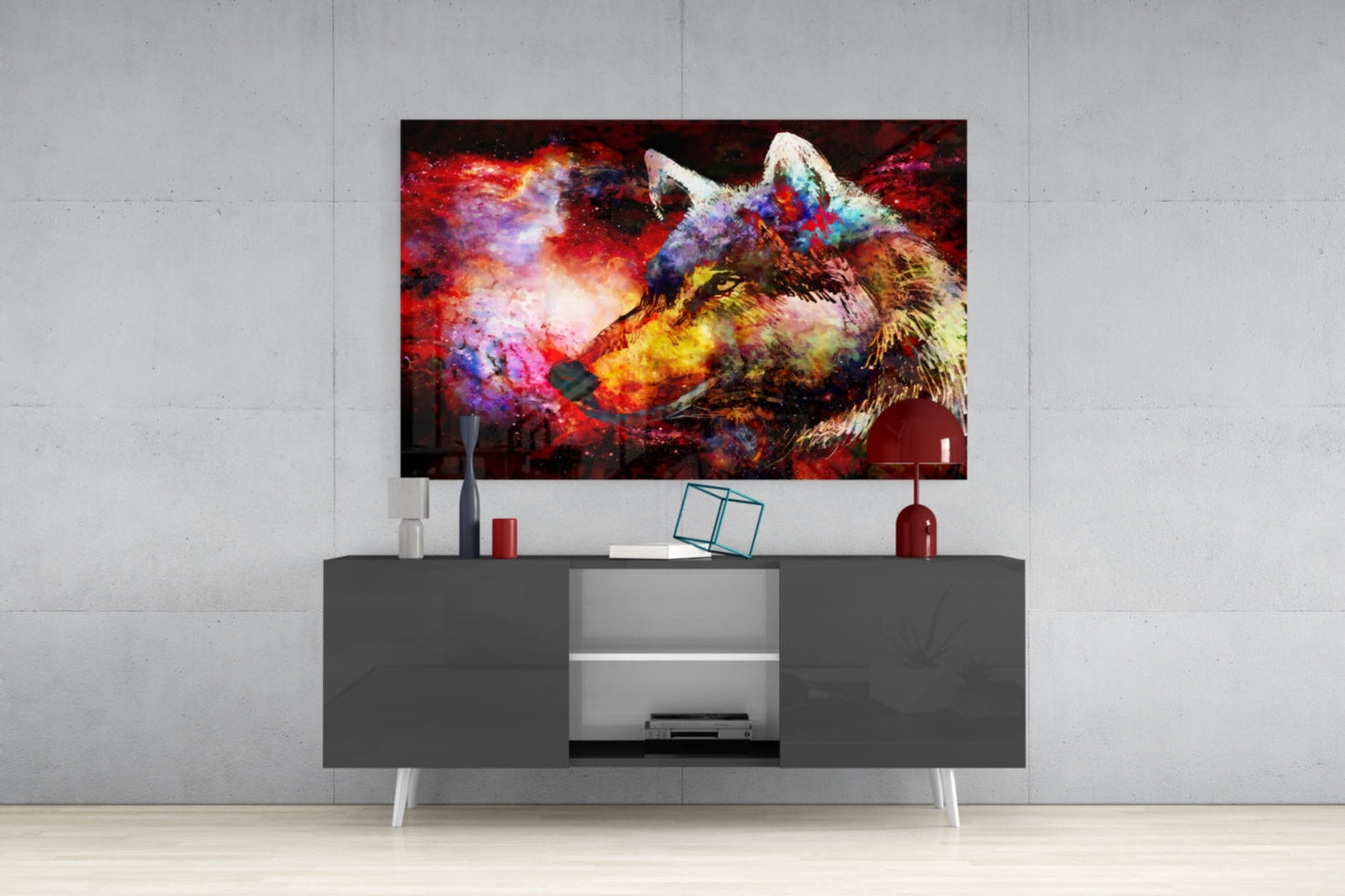 Colorful Wolf Glass Wall Art Cosmic Print