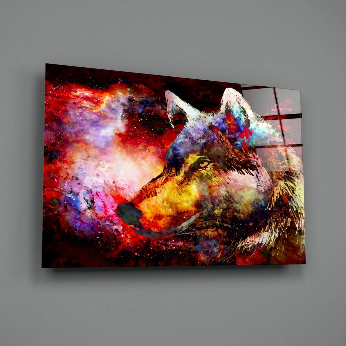 Colorful Wolf Glass Wall Art Cosmic Print