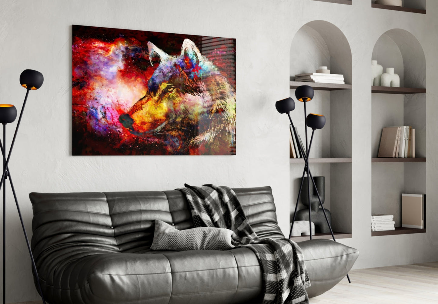 Colorful Wolf Glass Wall Art Cosmic Print