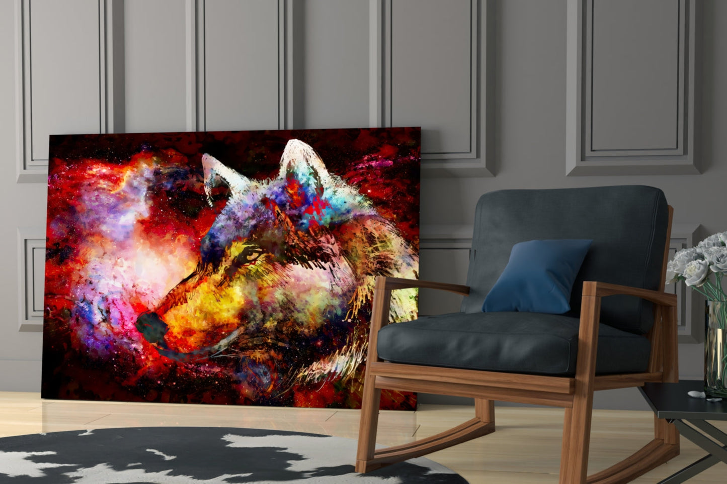 Colorful Wolf Glass Wall Art Cosmic Print