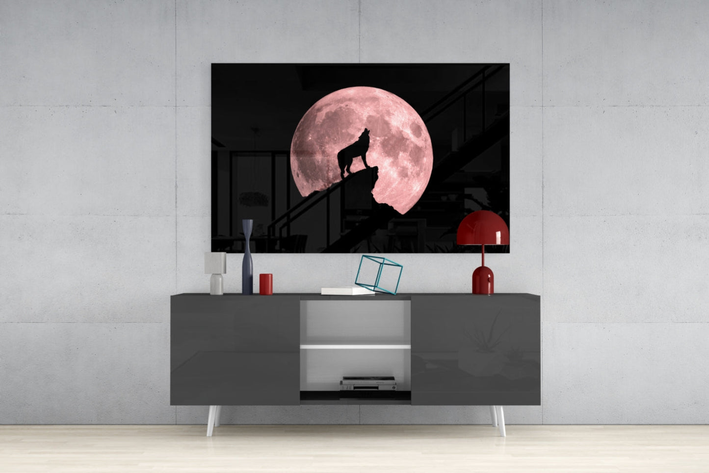 Wolf and Full Moon Glass Wall Art