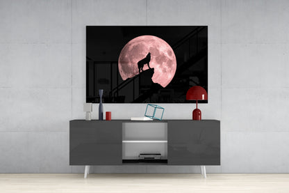 Wolf and Full Moon Glass Wall Art