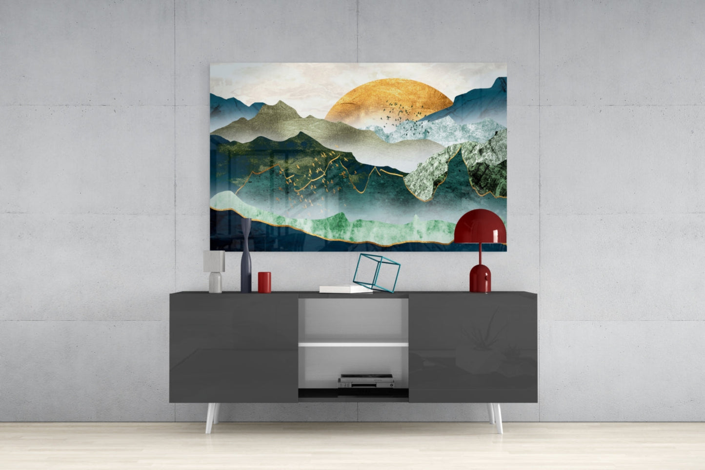 Gold Sun Layered Mountains Glass Wall Art
